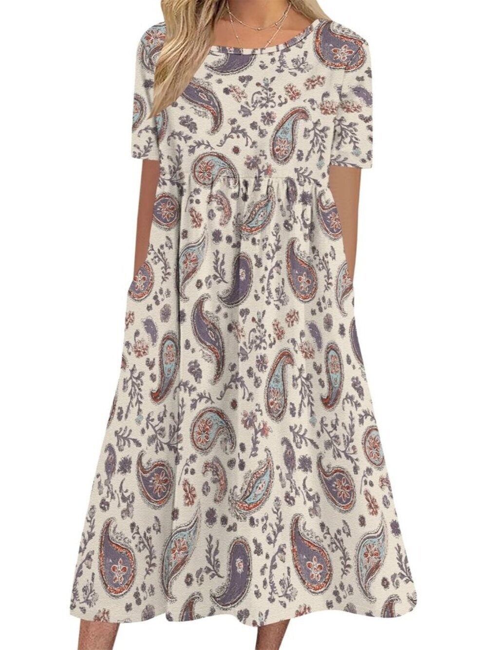 Women's Purplish Sleeve Crewneck Floral Print Casual Mode Maxi Long Dress
